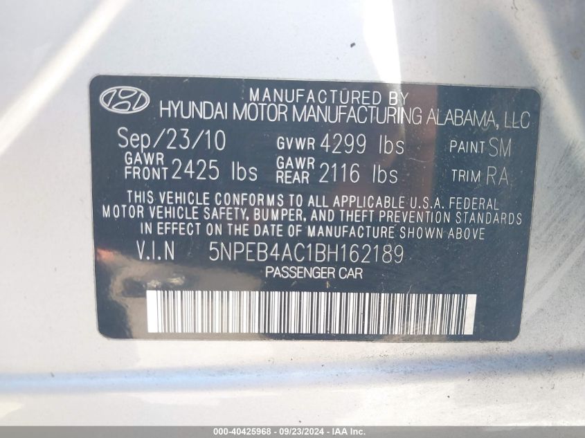 5NPEB4AC1BH162189 2011 Hyundai Sonata Gls