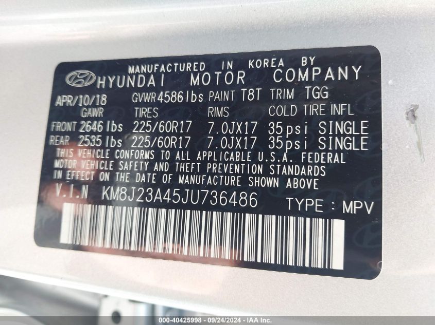 KM8J23A45JU736486 2018 Hyundai Tucson Se