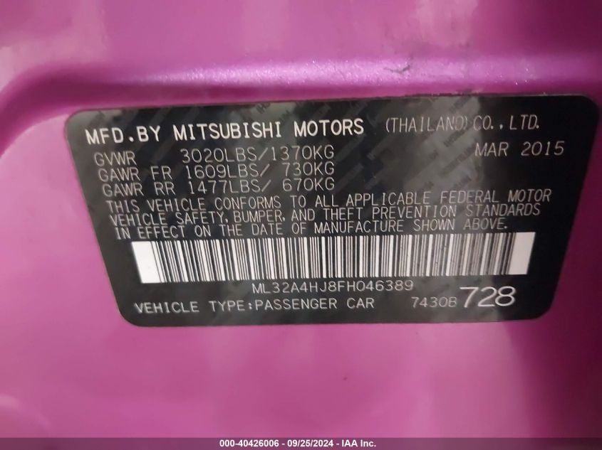 ML32A4HJ8FH046389 2015 Mitsubishi Mirage Es/Rf