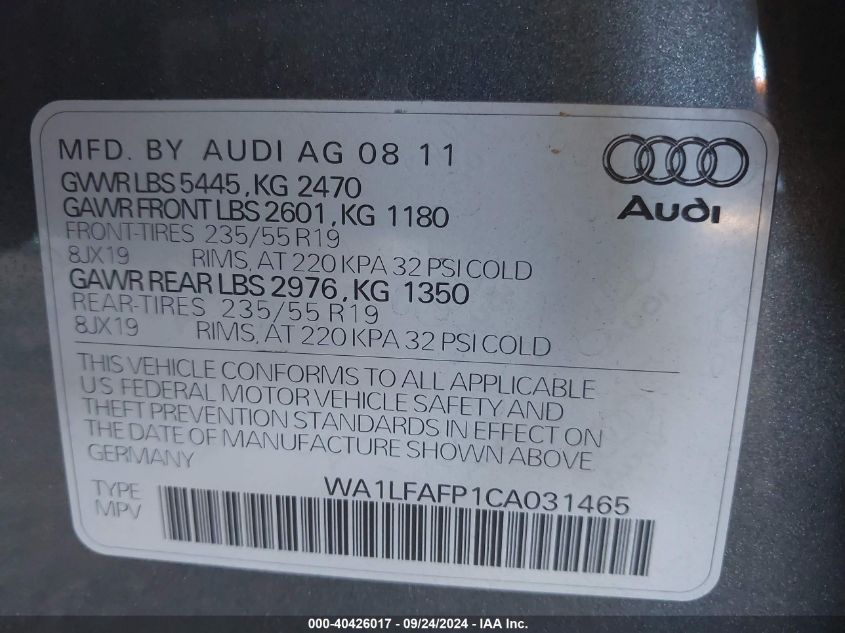 2012 Audi Q5 2.0T Premium VIN: WA1LFAFP1CA031465 Lot: 40426017