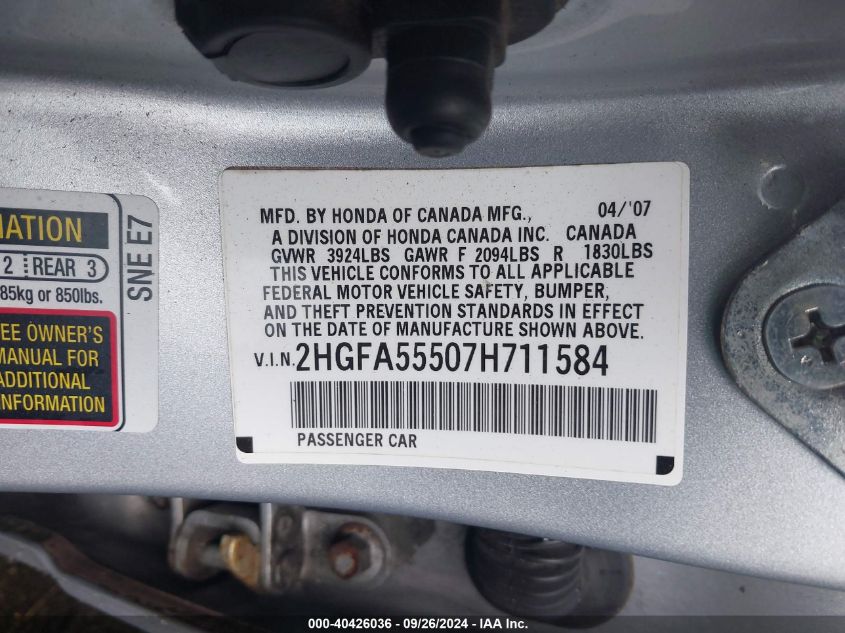 2HGFA55507H711584 2007 Honda Civic Si