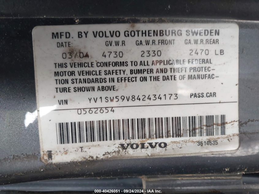 2004 Volvo V70 2.5T/2.5T A/2.5T A Sr VIN: YV1SW59V842434173 Lot: 40426051