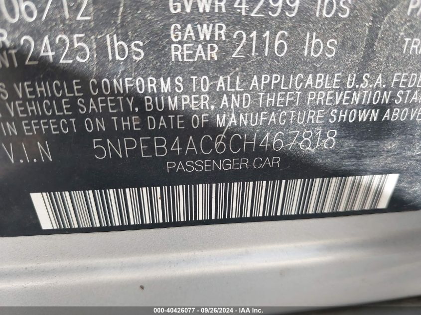 5NPEB4AC6CH467818 2012 Hyundai Sonata Gls