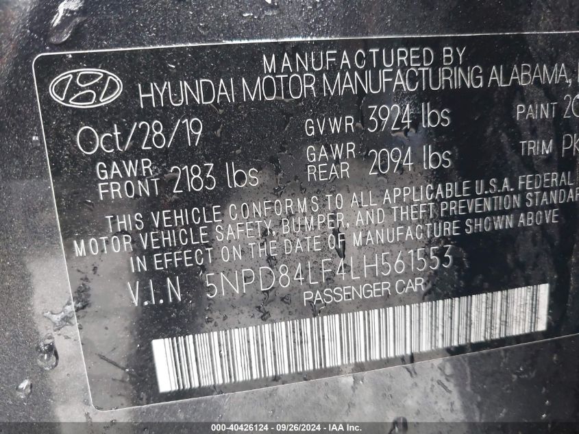 2020 Hyundai Elantra Limited VIN: 5NPD84LF4LH561553 Lot: 40426124