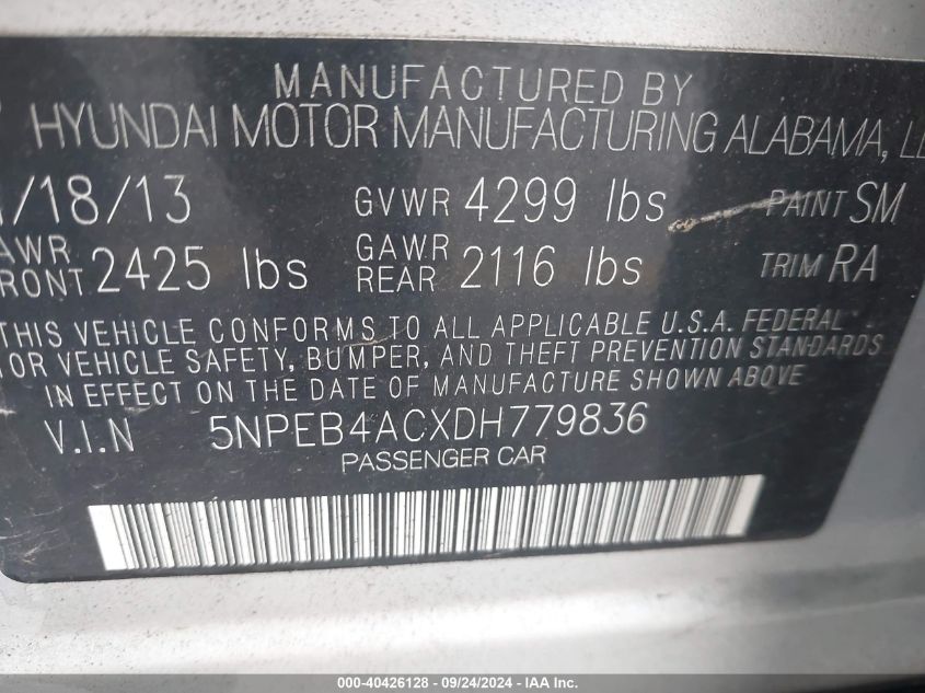 5NPEB4ACXDH779836 2013 Hyundai Sonata Gls