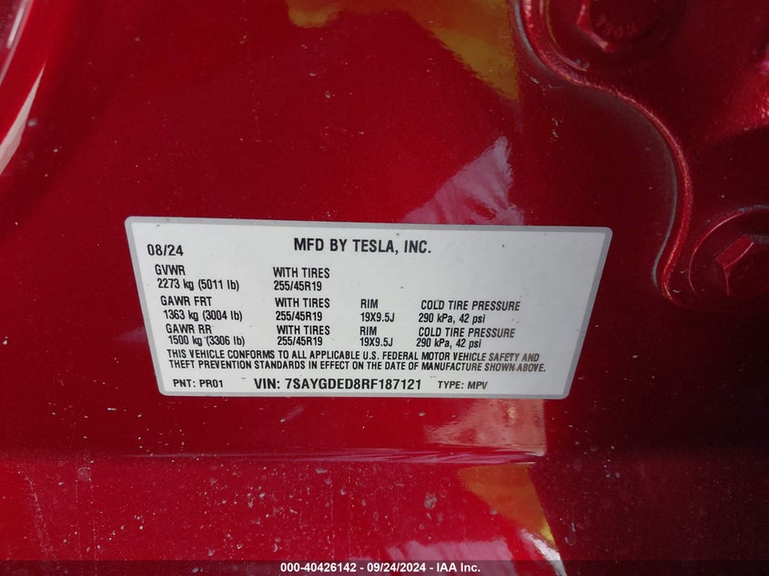 VIN 7SAYGDED8RF187121 2024 TESLA MODEL Y LONG RANGE DUAL MOTOR ALL-WHEEL DRIVE/RWD