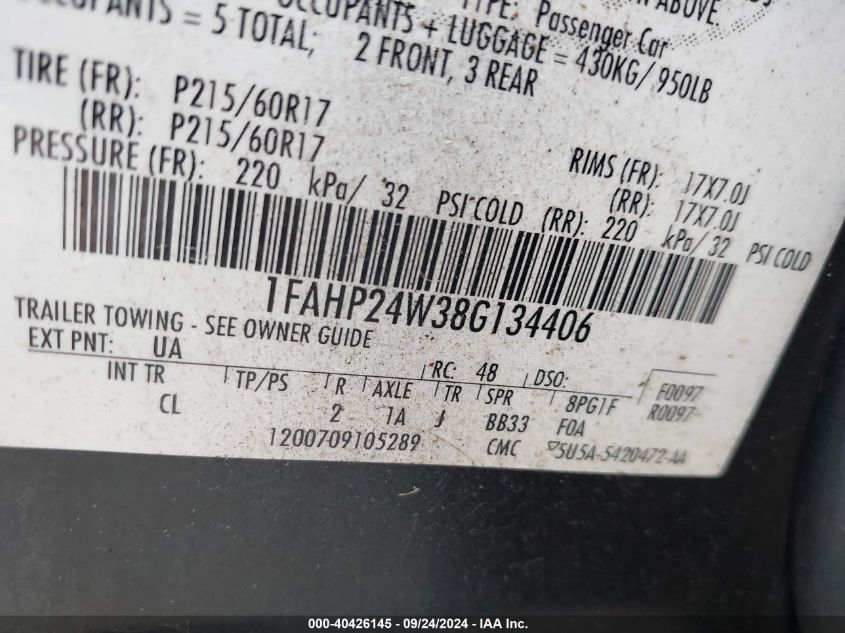 1FAHP24W38G134406 2008 Ford Taurus Sel