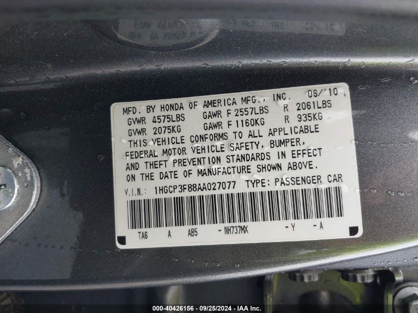 1HGCP3F88AA027077 2010 Honda Accord 3.5 Ex-L