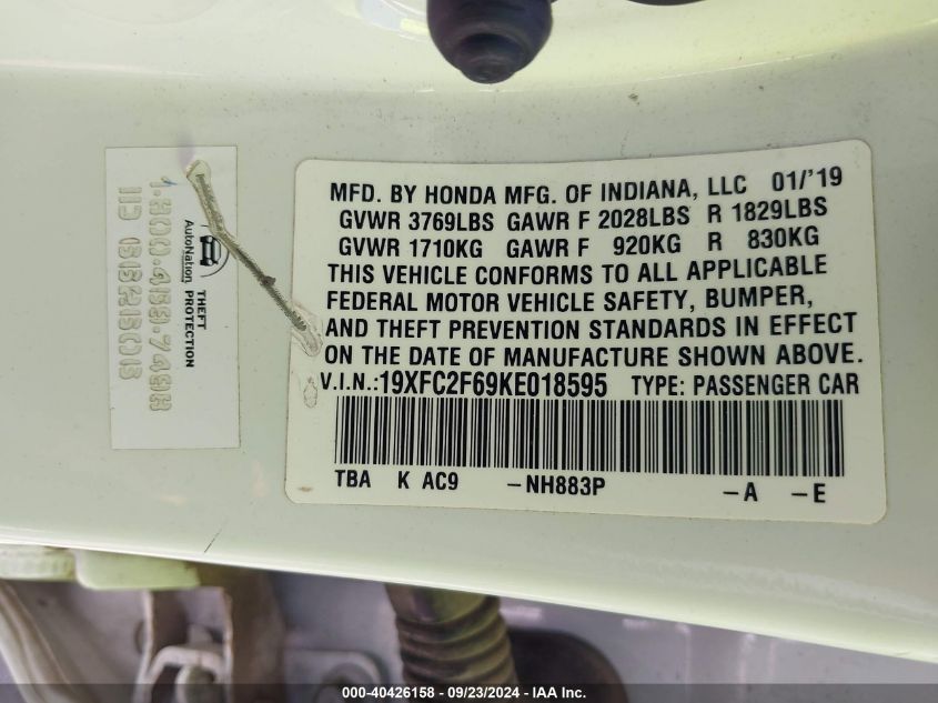19XFC2F69KE018595 2019 Honda Civic Lx