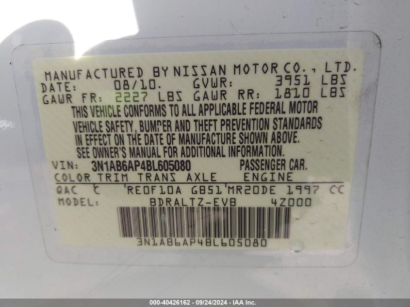 2011 Nissan Sentra 2.0S VIN: 3N1AB6AP4BL605080 Lot: 40426162