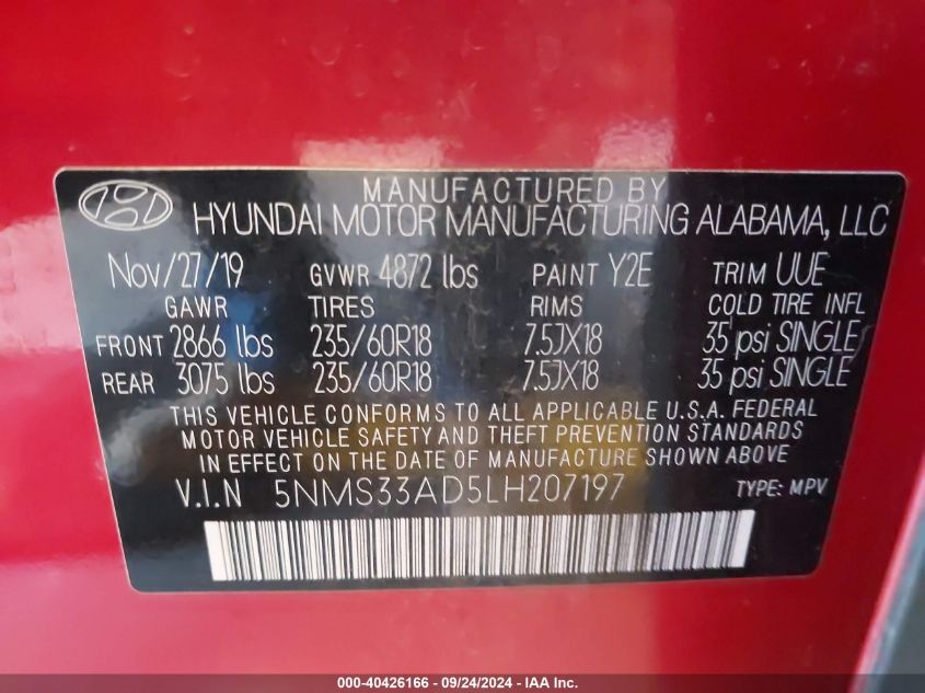 2020 Hyundai Santa Fe Sel VIN: 5NMS33AD5LH207197 Lot: 40426166