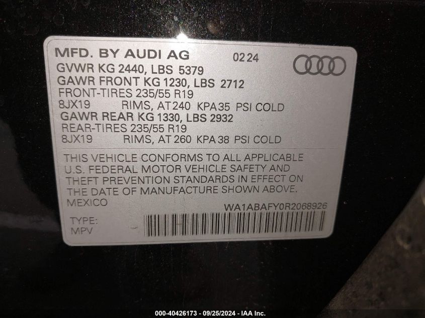 2024 Audi Q5 Premium 40 Tfsi Quattro S Tronic VIN: WA1ABAFY0R2068926 Lot: 40426173