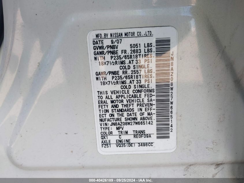 JN8AZ08W27W665142 2007 Nissan Murano Sl