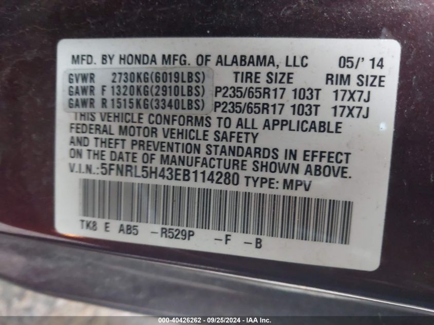 2014 Honda Odyssey Ex VIN: 5FNRL5H43EB114280 Lot: 40426262