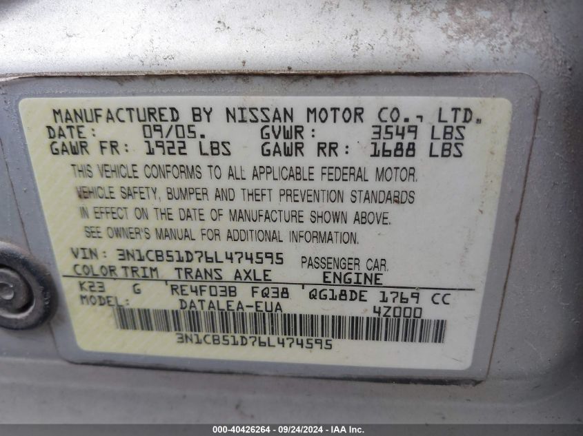 2006 Nissan Sentra 1.8S VIN: 3N1CB51D76L474595 Lot: 40426264