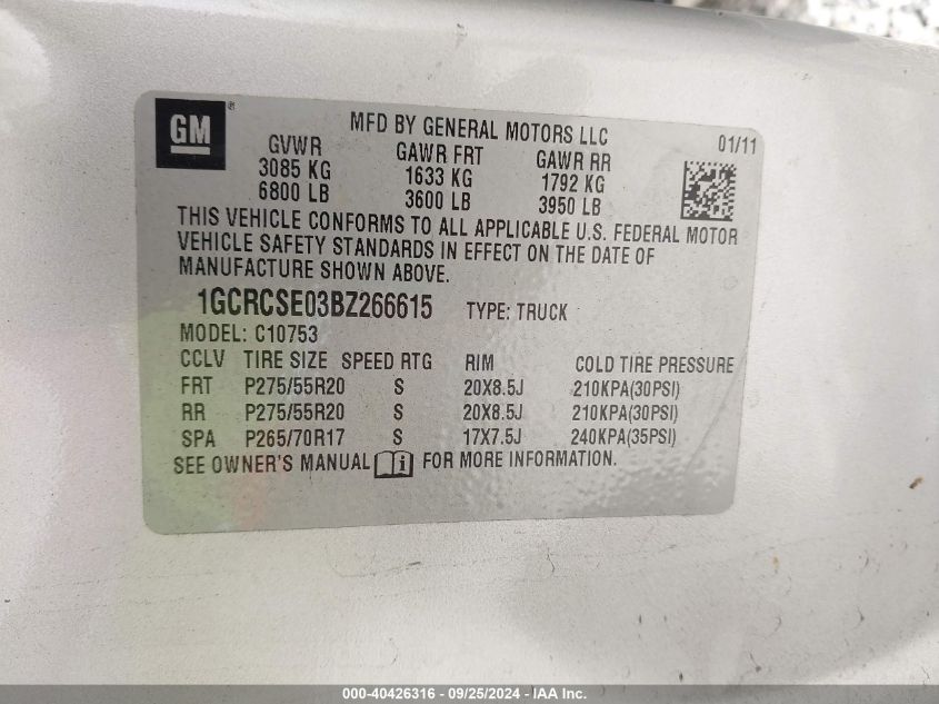 1GCRCSE03BZ266615 2011 Chevrolet Silverado 1500 Lt