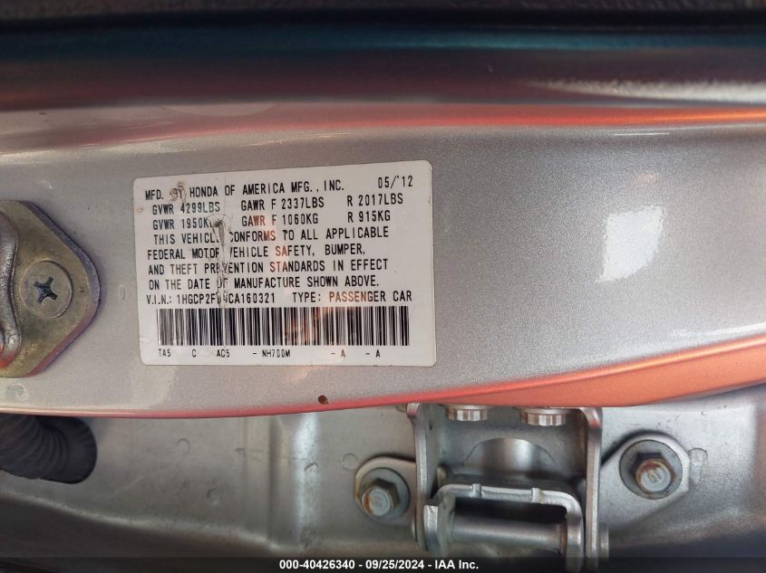 1HGCP2F66CA160321 2012 Honda Accord Se