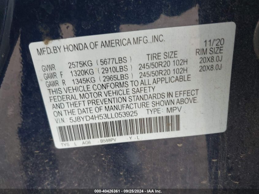 5J8YD4H53LL053925 2020 Acura Mdx Technology Package