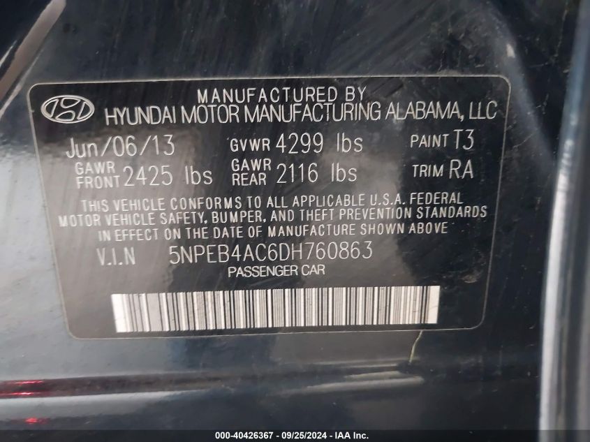 5NPEB4AC6DH760863 2013 Hyundai Sonata Gls