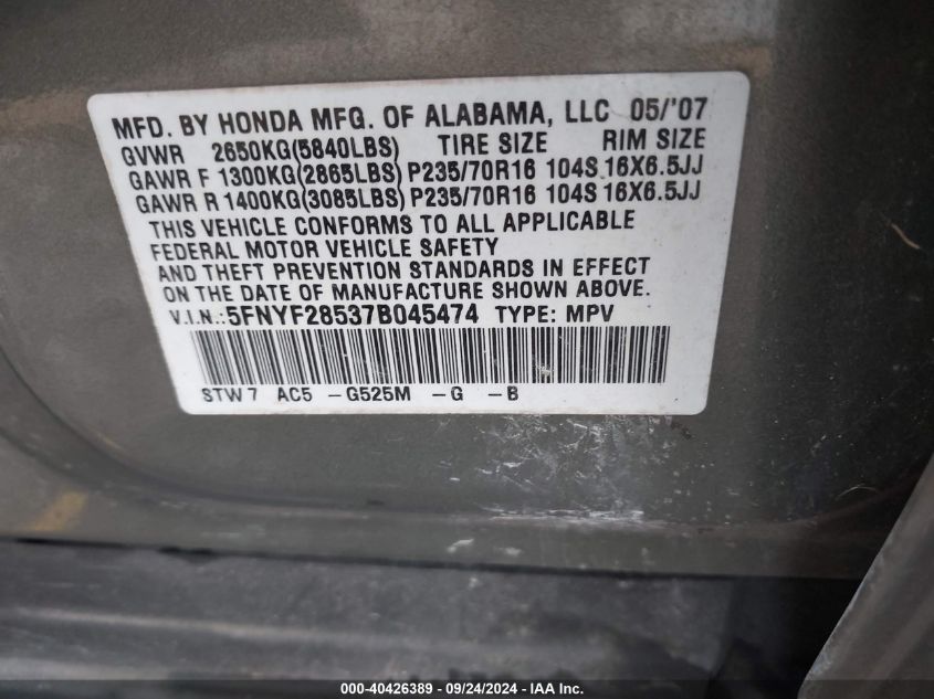 5FNYF28537B045474 2007 Honda Pilot Ex-L