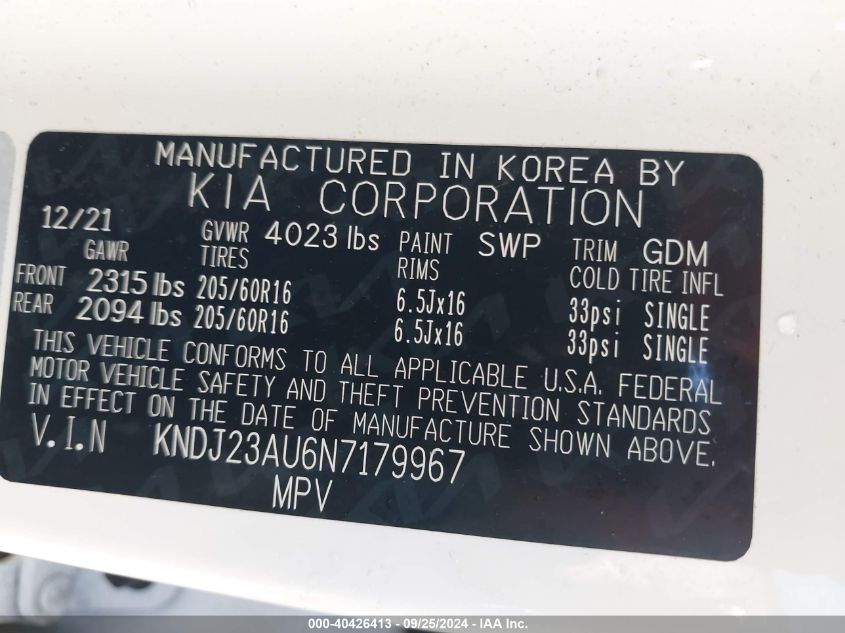 2022 Kia Soul Lx VIN: KNDJ23AU6N7179967 Lot: 40426413