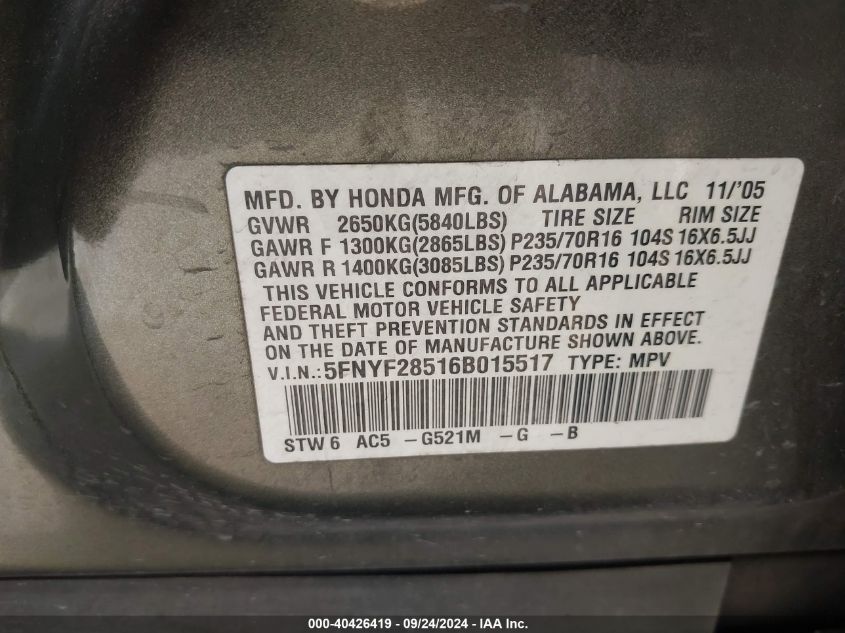 5FNYF28516B015517 2006 Honda Pilot Ex-L