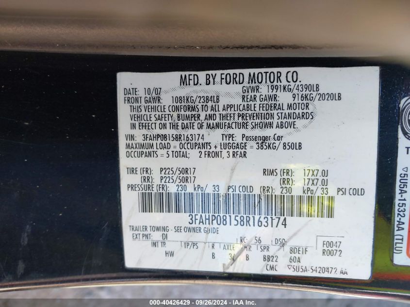 2008 Ford Fusion Sel VIN: 3FAHP08158R163174 Lot: 40426429