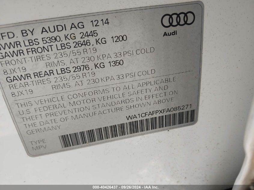 WA1CFAFPXFA085271 2015 Audi Q5 2.0T Premium