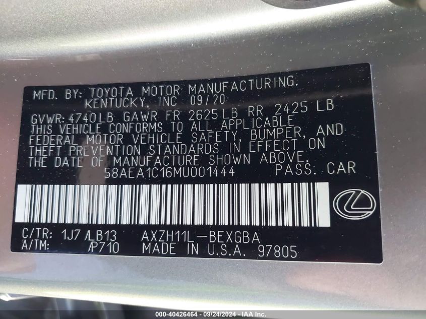 2021 Lexus Es 300H Luxury VIN: 58AEA1C16MU001444 Lot: 40426464