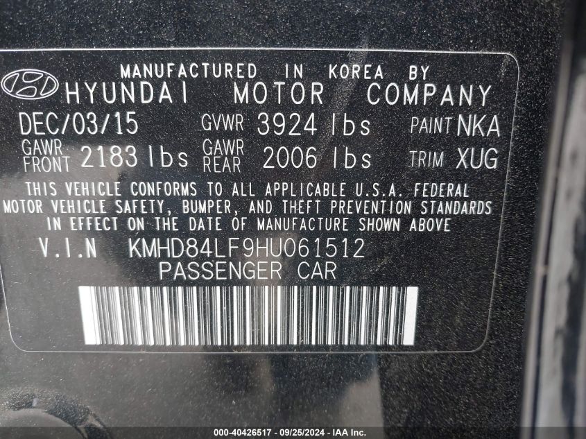 KMHD84LF9HU061512 2017 Hyundai Elantra Se