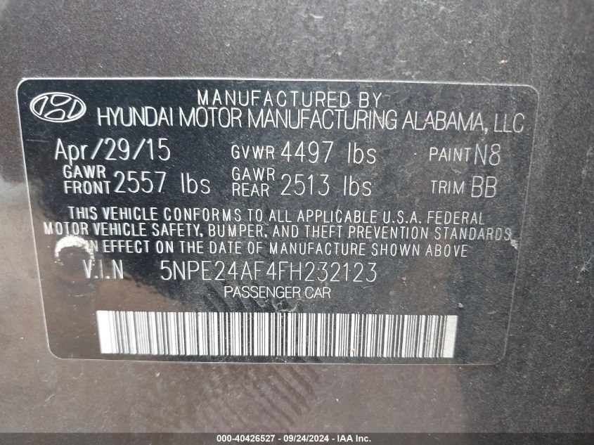 5NPE24AF4FH232123 2015 Hyundai Sonata Se