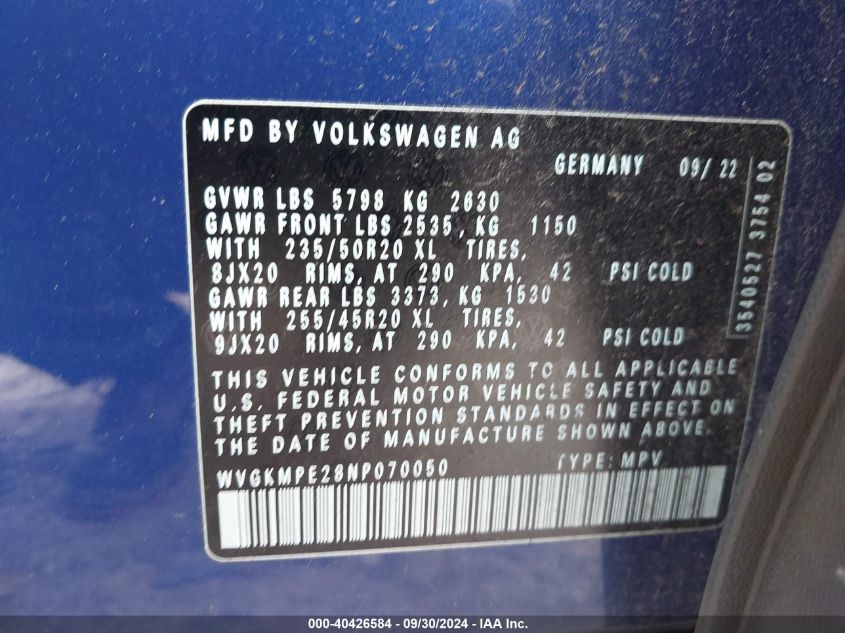 WVGKMPE28NP070050 2022 Volkswagen Id.4 Pro S