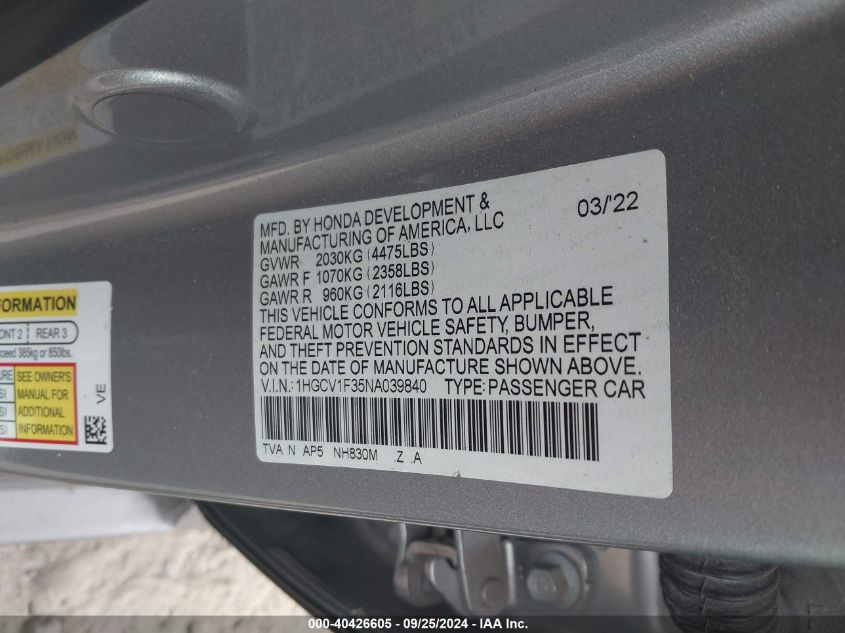 1HGCV1F35NA039840 2022 Honda Accord Sport