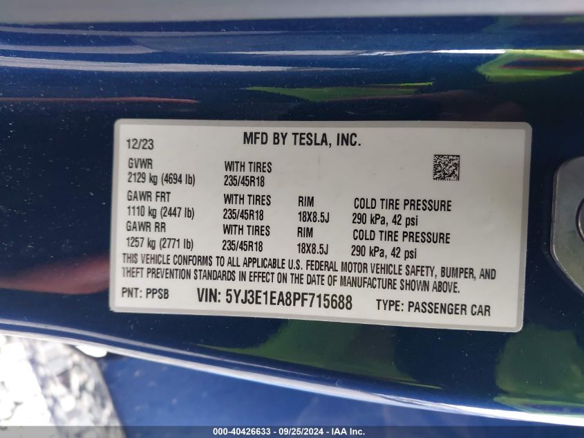 2023 TESLA MODEL 3 REAR-WHEEL DRIVE - 5YJ3E1EA8PF715688