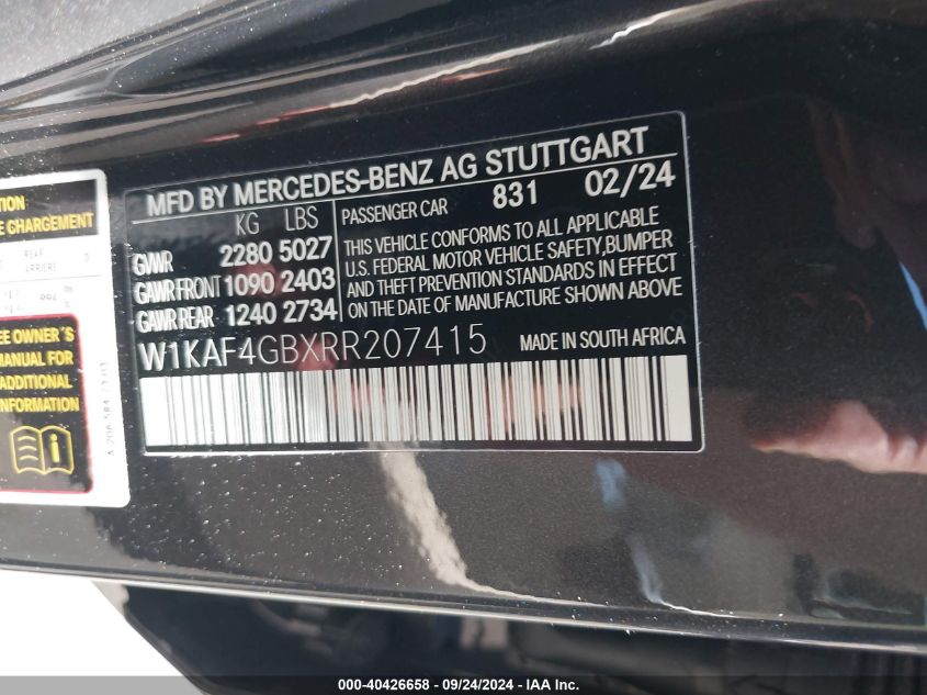 2024 Mercedes-Benz C 300 VIN: W1KAF4GBXRR207415 Lot: 40426658