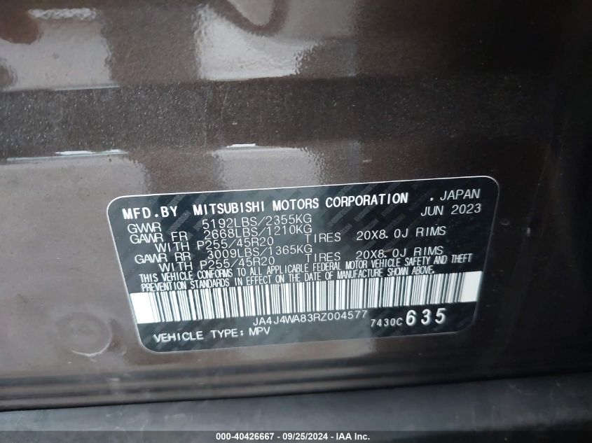 2024 Mitsubishi Outlander Sel 2.5 S-Awc VIN: JA4J4WA83RZ004577 Lot: 40426667