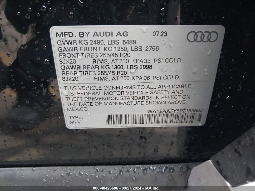 2023 Audi Q5 Premium Plus 45 Tfsi S Line Quattro VIN: WA1EAAFY5P2193583 Lot: 40426686