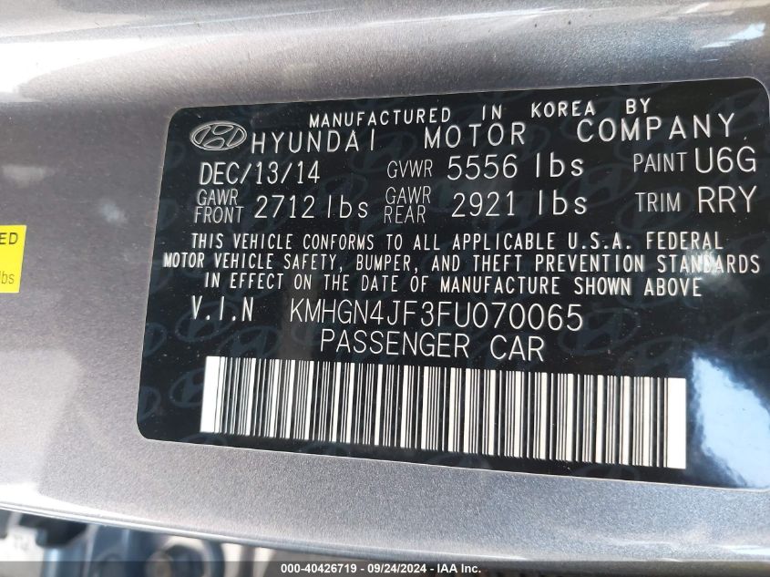 KMHGN4JF3FU070065 2015 Hyundai Genesis 5.0