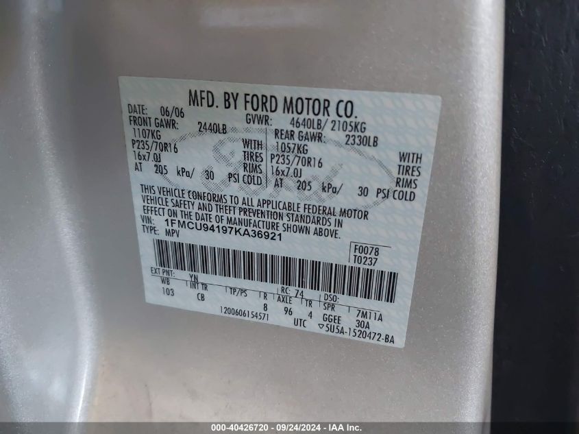 1FMCU94197KA36921 2007 Ford Escape Limited