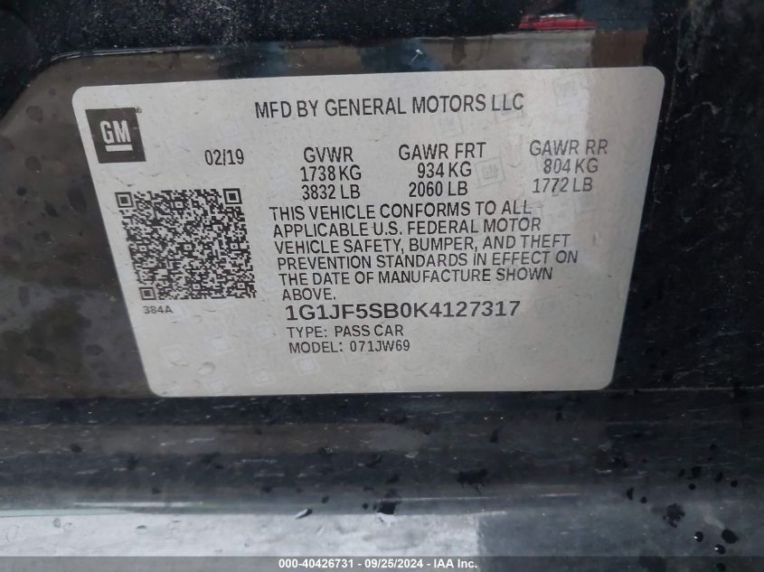 1G1JF5SB0K4127317 2019 Chevrolet Sonic Premier