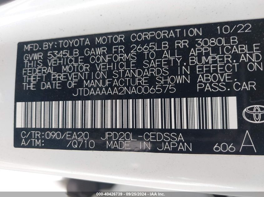 JTDAAAAA2NA006575 2022 Toyota Mirai Xle