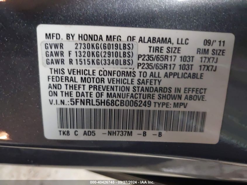 2012 Honda Odyssey Ex-L VIN: 5FNRL5H68CB006249 Lot: 40426745