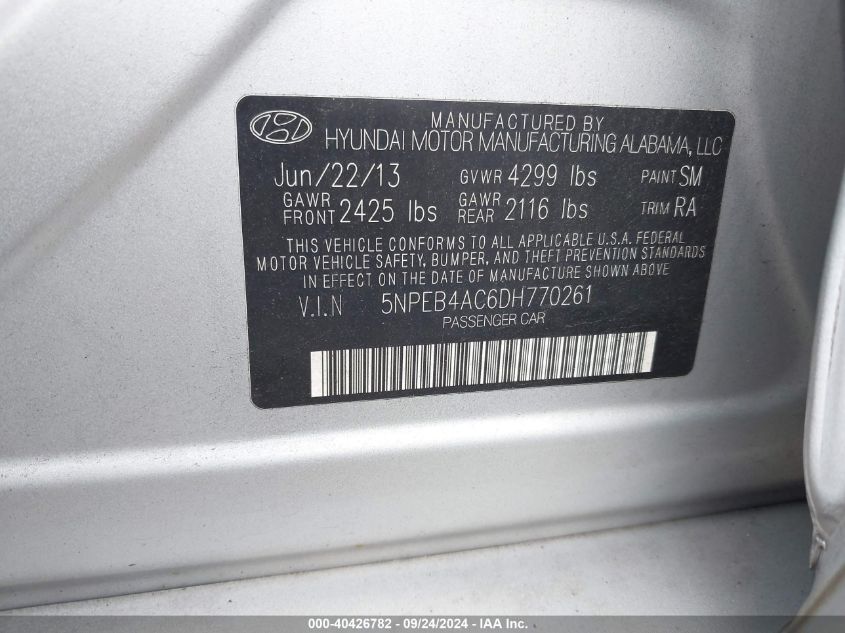 5NPEB4AC6DH770261 2013 Hyundai Sonata Gls