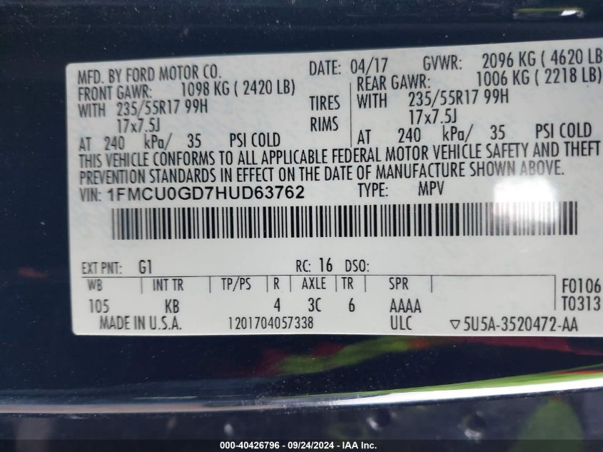 1FMCU0GD7HUD63762 2017 Ford Escape Se