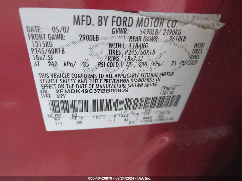 2FMDK49C37BB00839 2007 Ford Edge Sel Plus