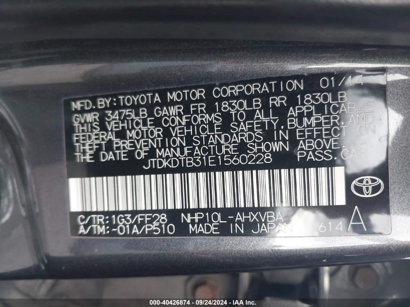 JTDKDTB31E1560228 2014 Toyota Prius C Two