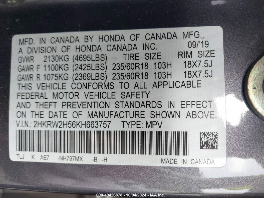 2HKRW2H56KH663757 2019 Honda Cr-V Ex