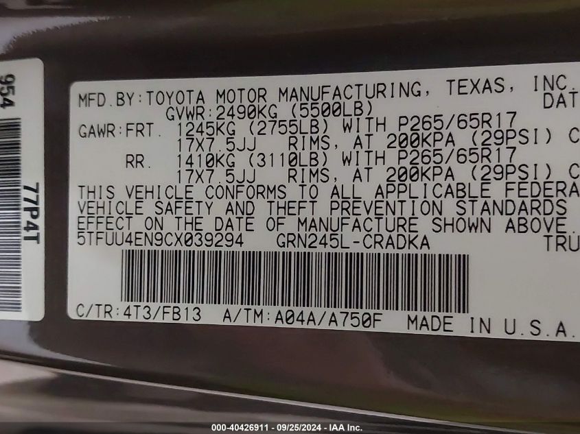 5TFUU4EN9CX039294 2012 Toyota Tacoma Base V6