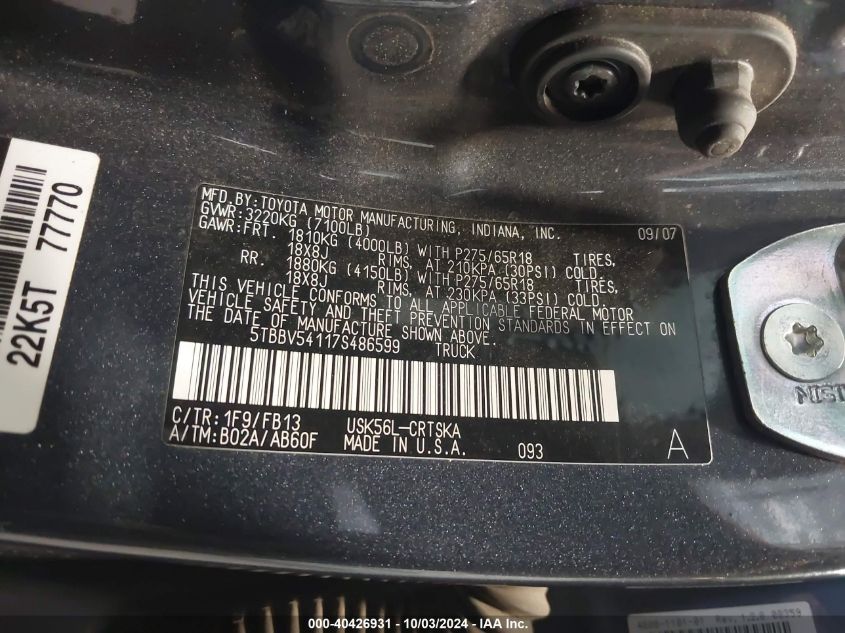 5TBBV54117S486599 2007 Toyota Tundra Sr5 5.7L V8