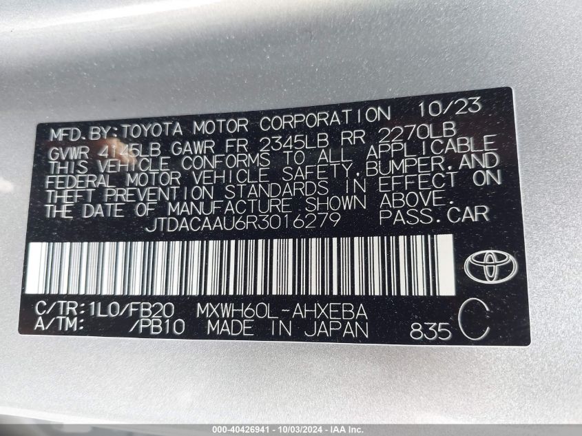 2024 Toyota Prius Le VIN: JTDACAAU6R3016279 Lot: 40426941